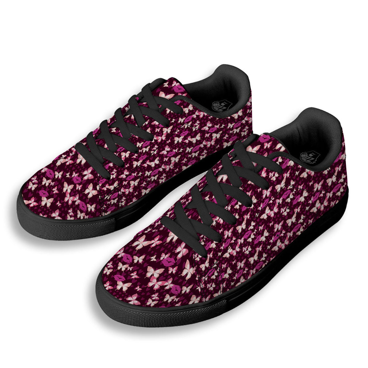 Butterfly And Girly Heart Print Pattern Black Low Top Sneakers-grizzshop