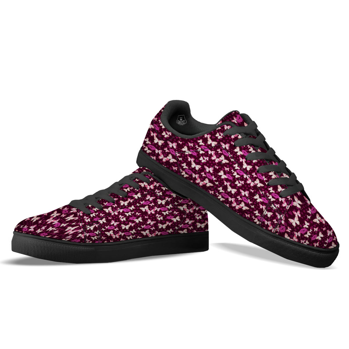 Butterfly And Girly Heart Print Pattern Black Low Top Sneakers-grizzshop