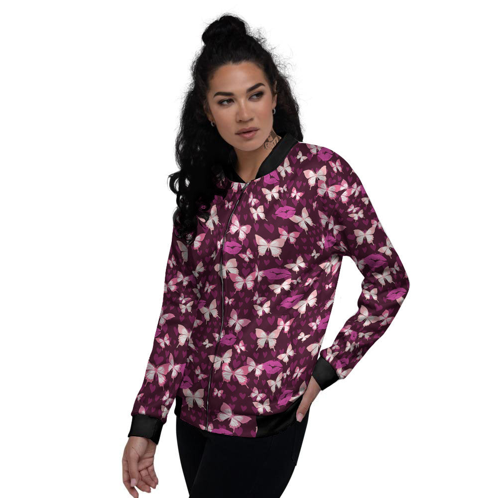Butterfly And Girly Heart Print Pattern Women's Bomber Jacket-grizzshop
