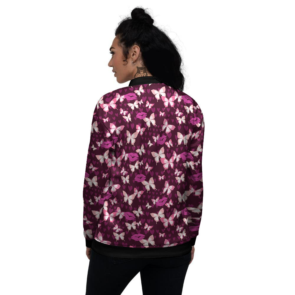Butterfly And Girly Heart Print Pattern Women's Bomber Jacket-grizzshop