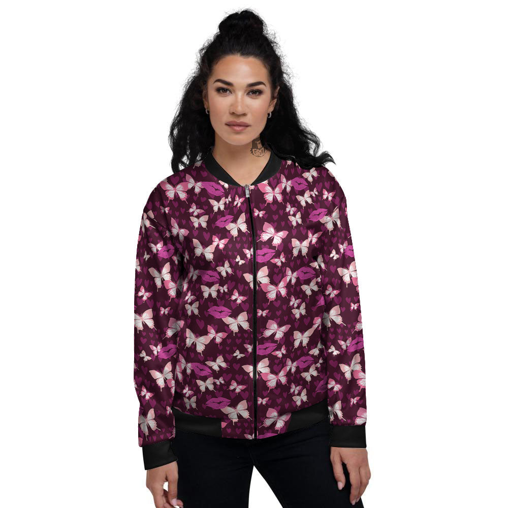 Butterfly And Girly Heart Print Pattern Women's Bomber Jacket-grizzshop