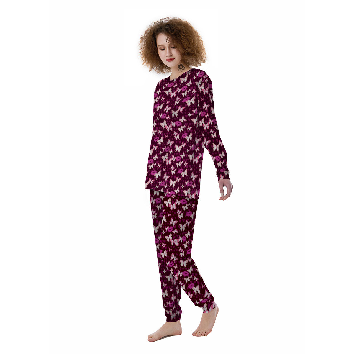 Butterfly And Girly Heart Print Pattern Women's Pajamas-grizzshop