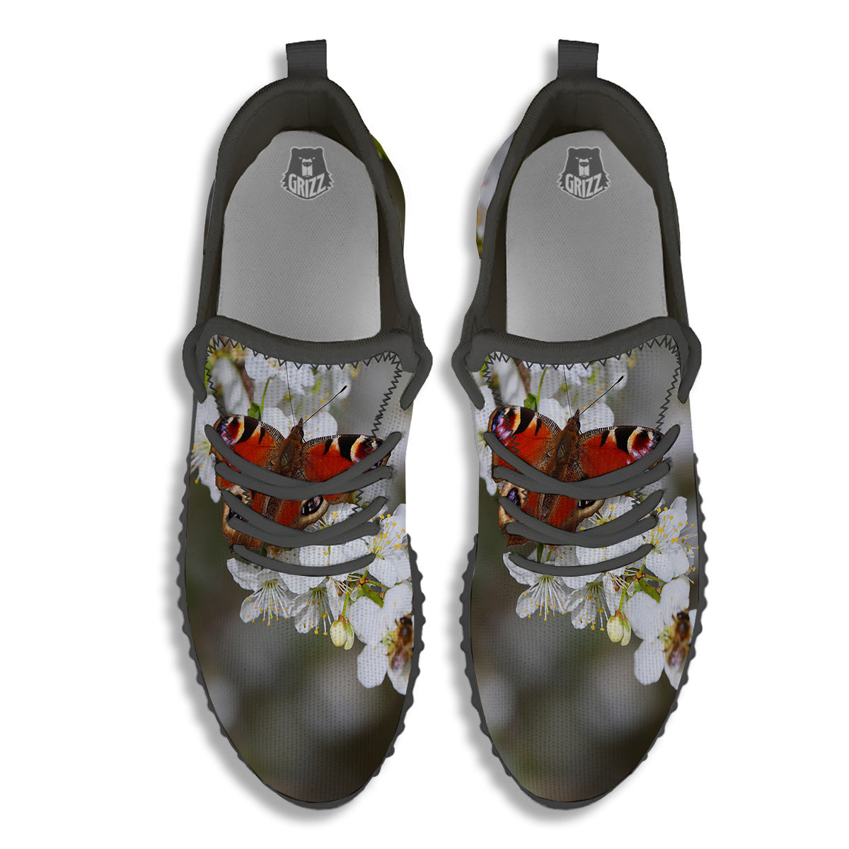 Butterfly Blossom Flower Print Black Walking Shoes-grizzshop