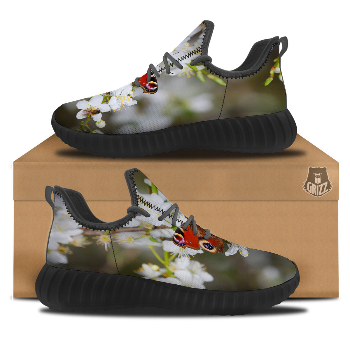 Butterfly Blossom Flower Print Black Walking Shoes-grizzshop