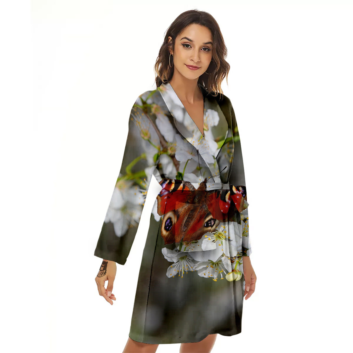 Butterfly Blossom Flower Print Women's Robe-grizzshop