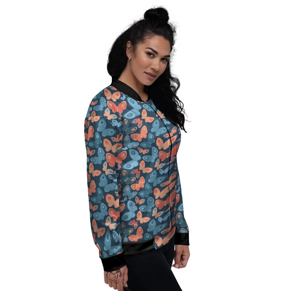 Butterfly Blue And Orange Print Women's Bomber Jacket-grizzshop