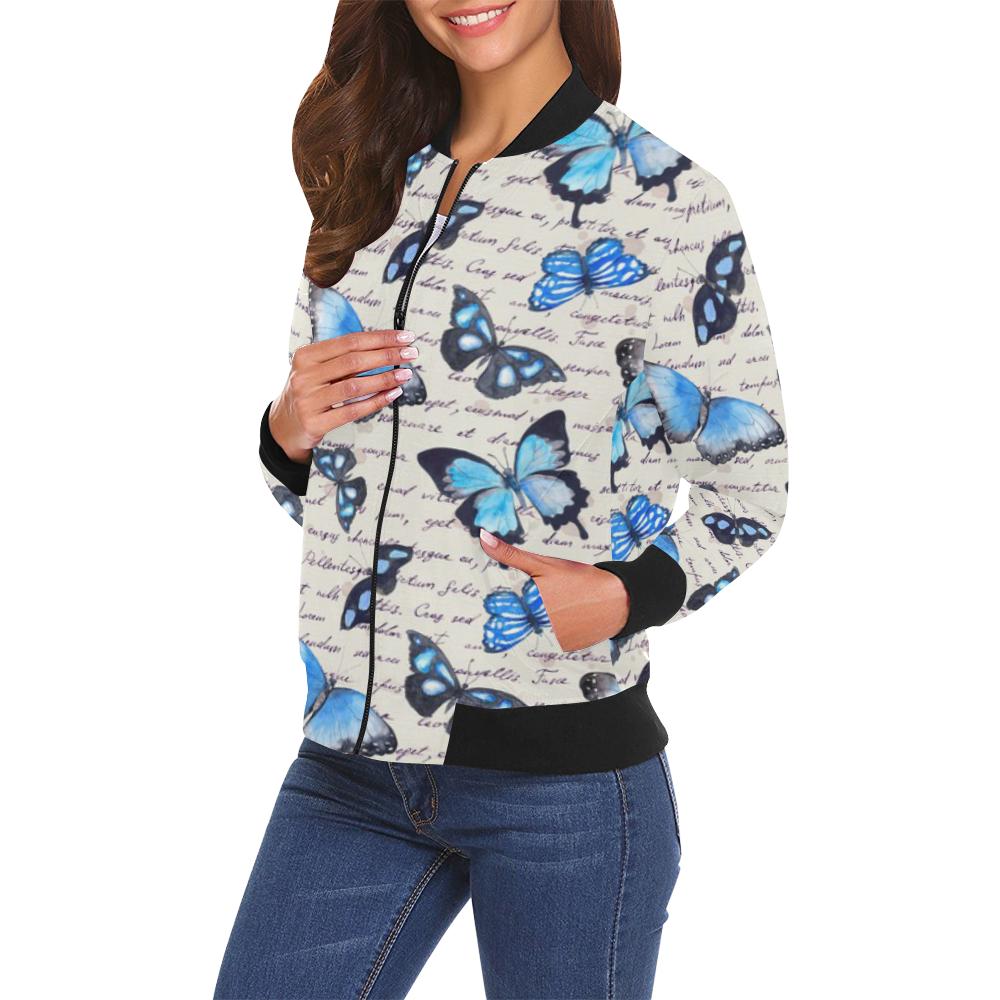 Butterfly Blue Pattern Print Butterfly Blue Pattern Print Women Casual Bomber Jacket-grizzshop