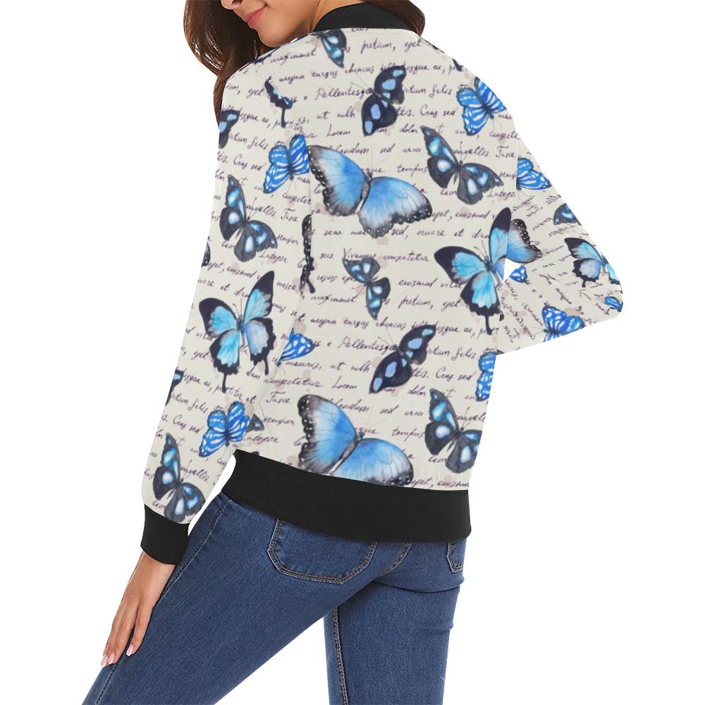 Butterfly Blue Pattern Print Butterfly Blue Pattern Print Women Casual Bomber Jacket-grizzshop