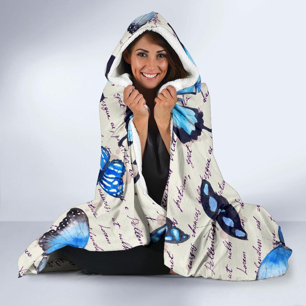 Butterfly Blue Pattern Print Hooded Blanket-grizzshop