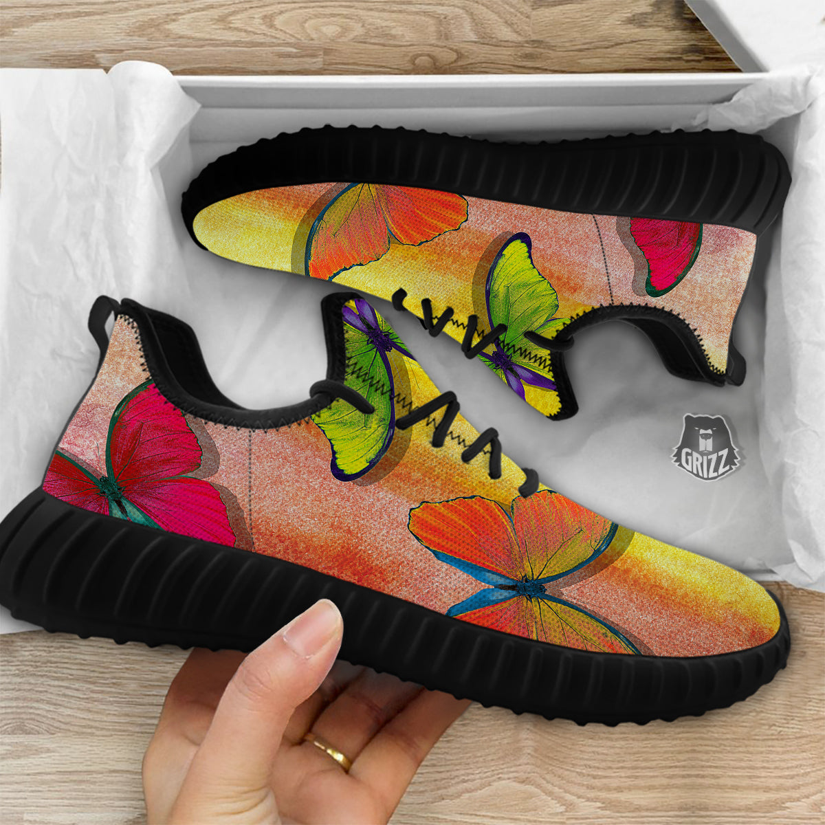 Butterfly Colorful Watercolor Print Black Walking Shoes-grizzshop