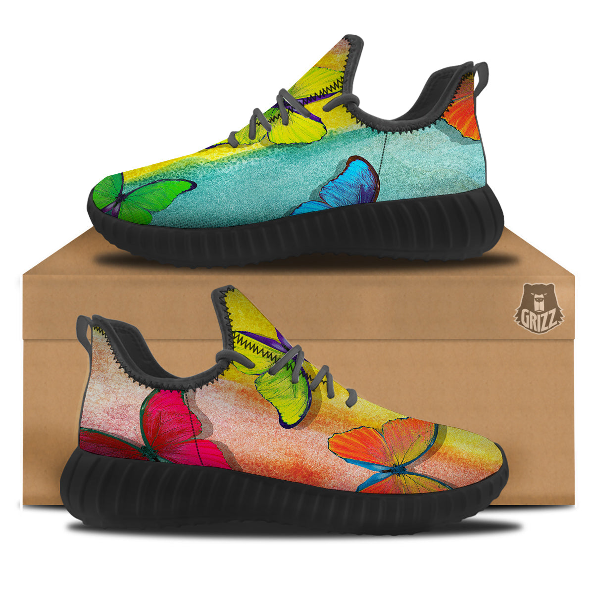 Butterfly Colorful Watercolor Print Black Walking Shoes-grizzshop