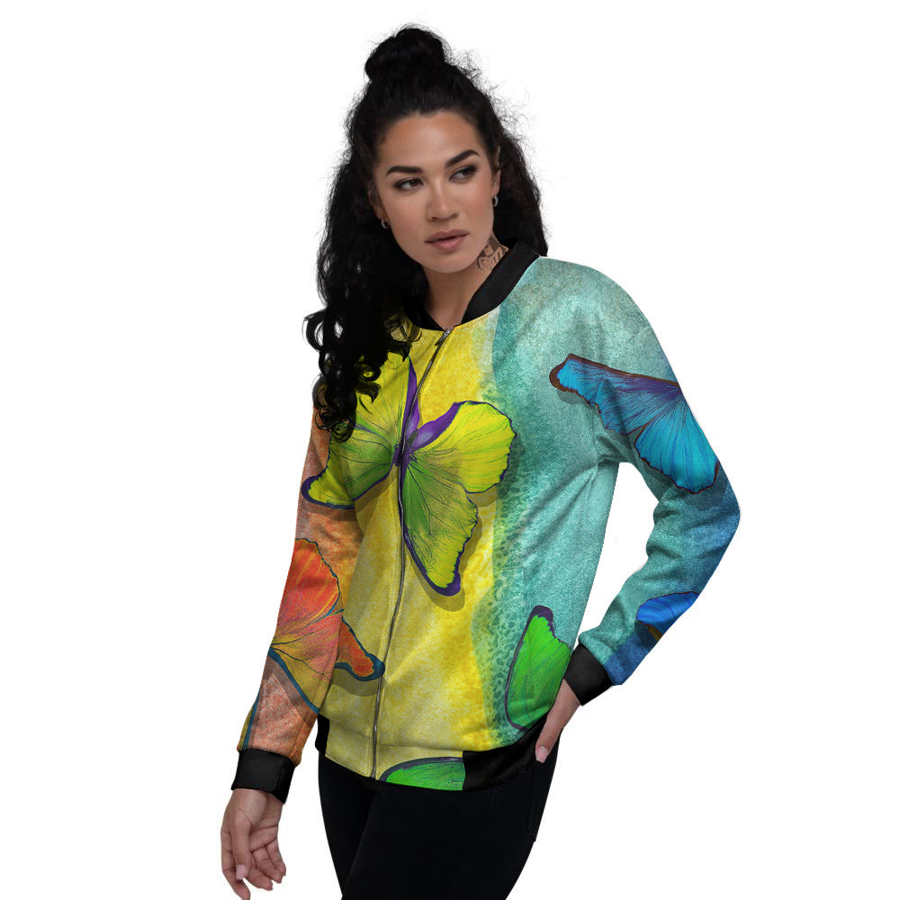 Butterfly Colorful Watercolor Print Women's Bomber Jacket-grizzshop
