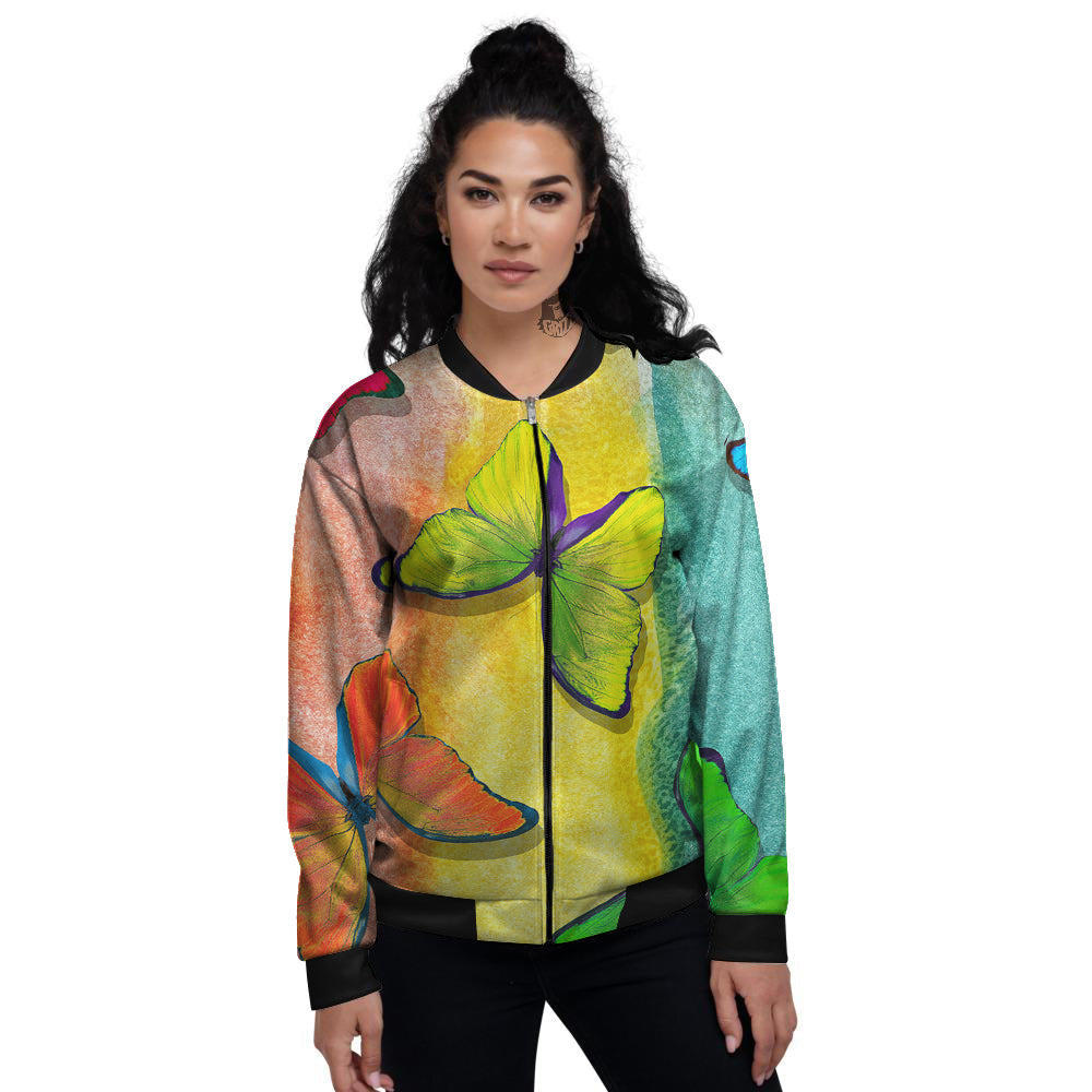 Butterfly Colorful Watercolor Print Women's Bomber Jacket-grizzshop