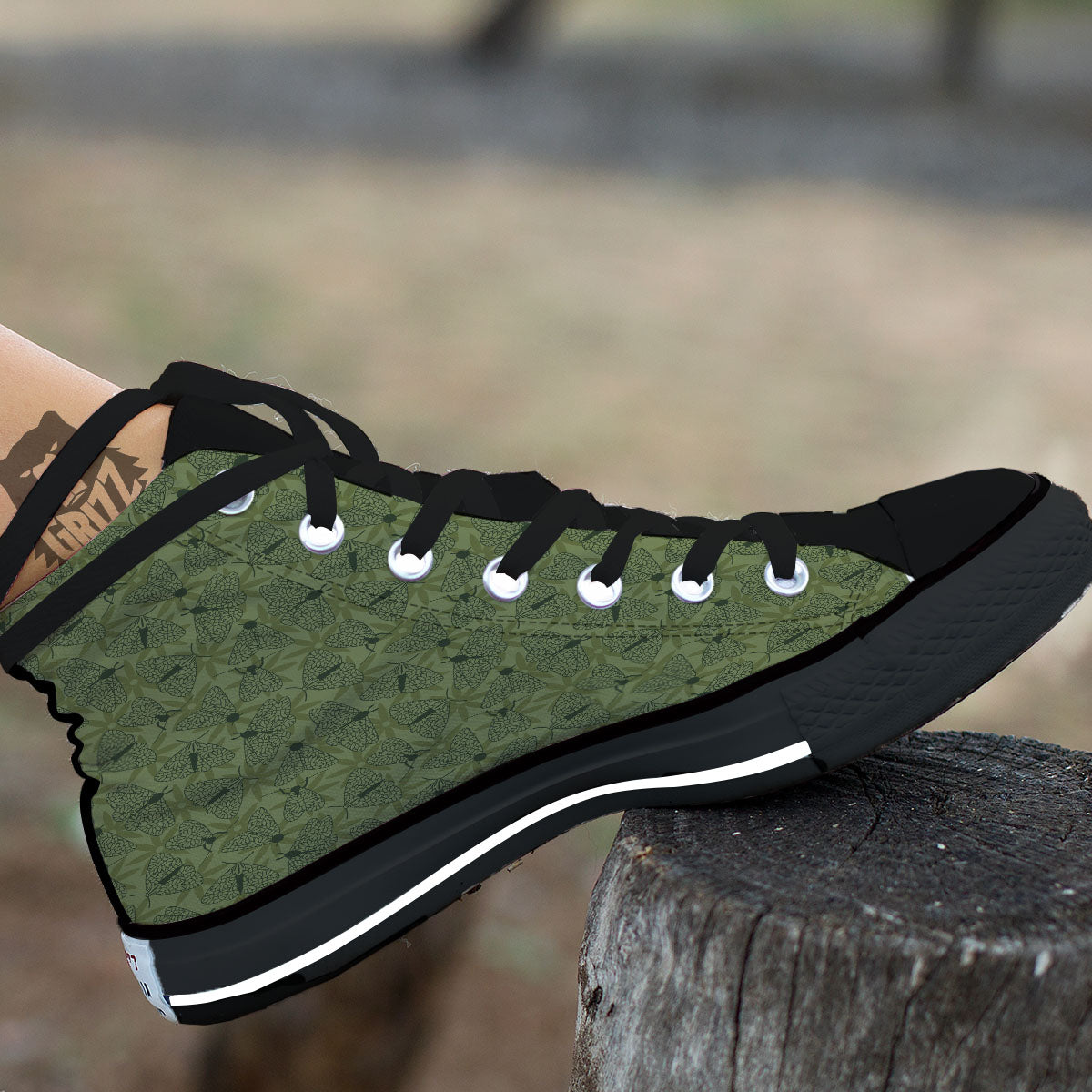 Butterfly Monarch Green Print Pattern Black High Top Shoes-grizzshop
