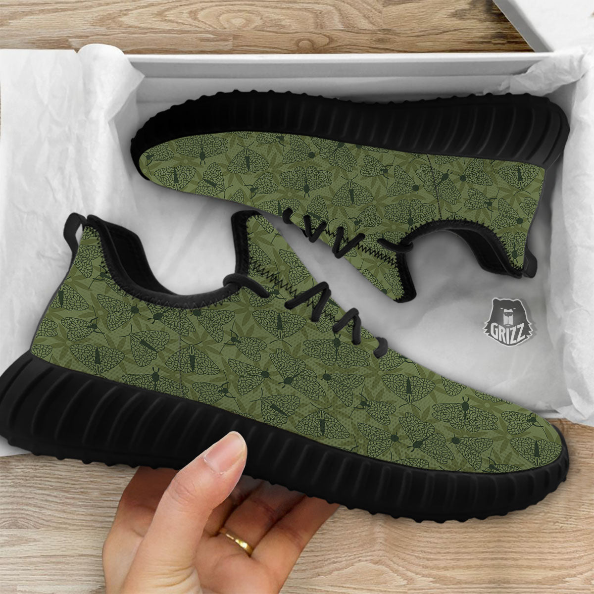 Butterfly Monarch Green Print Pattern Black Walking Shoes-grizzshop