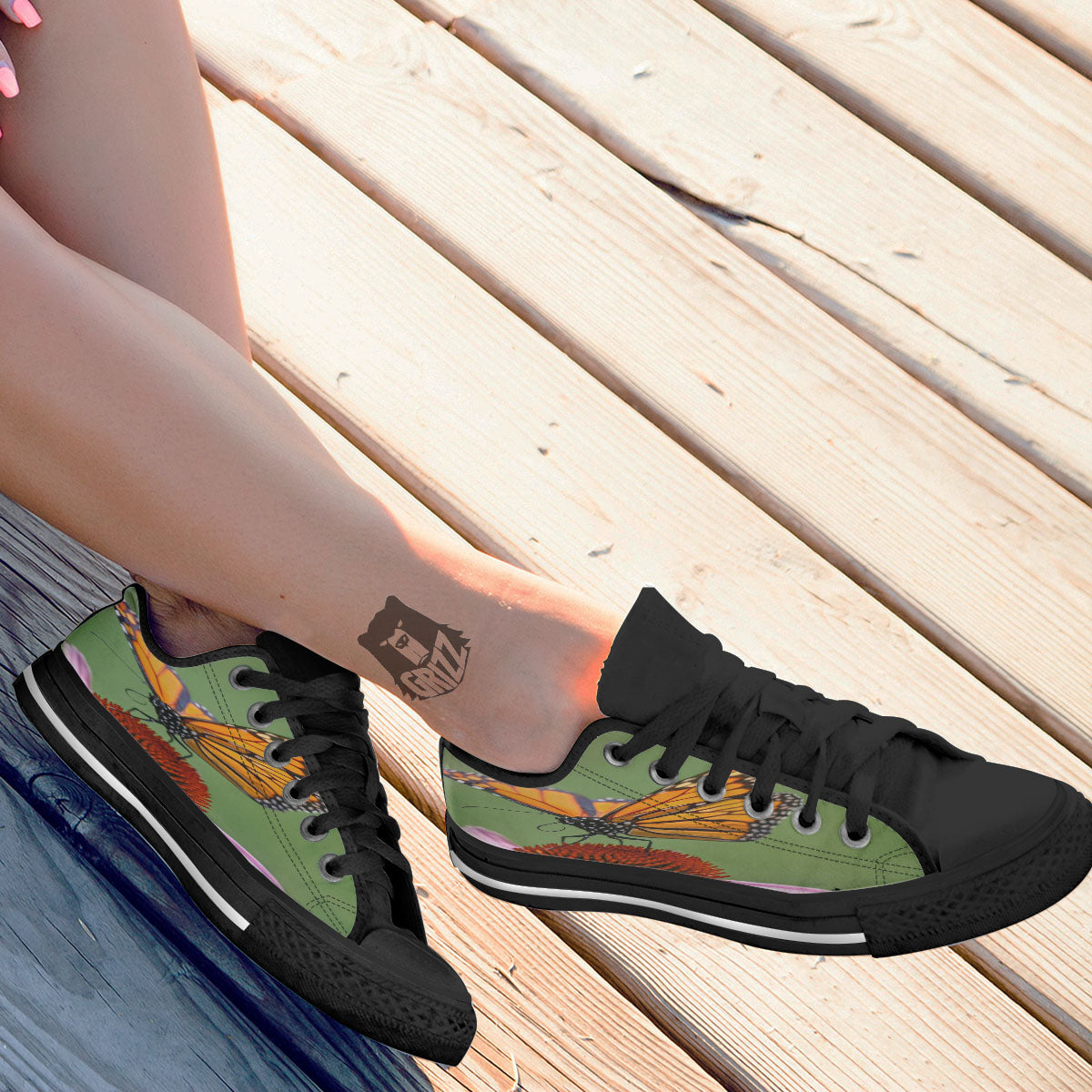 Butterfly Monarch Orange Print Black Low Top Shoes-grizzshop