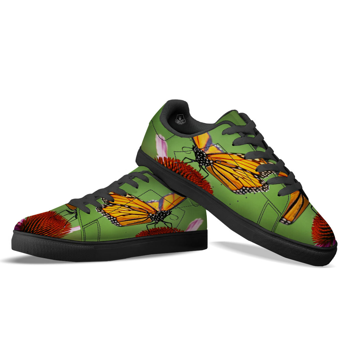Butterfly Monarch Orange Print Black Low Top Sneakers-grizzshop
