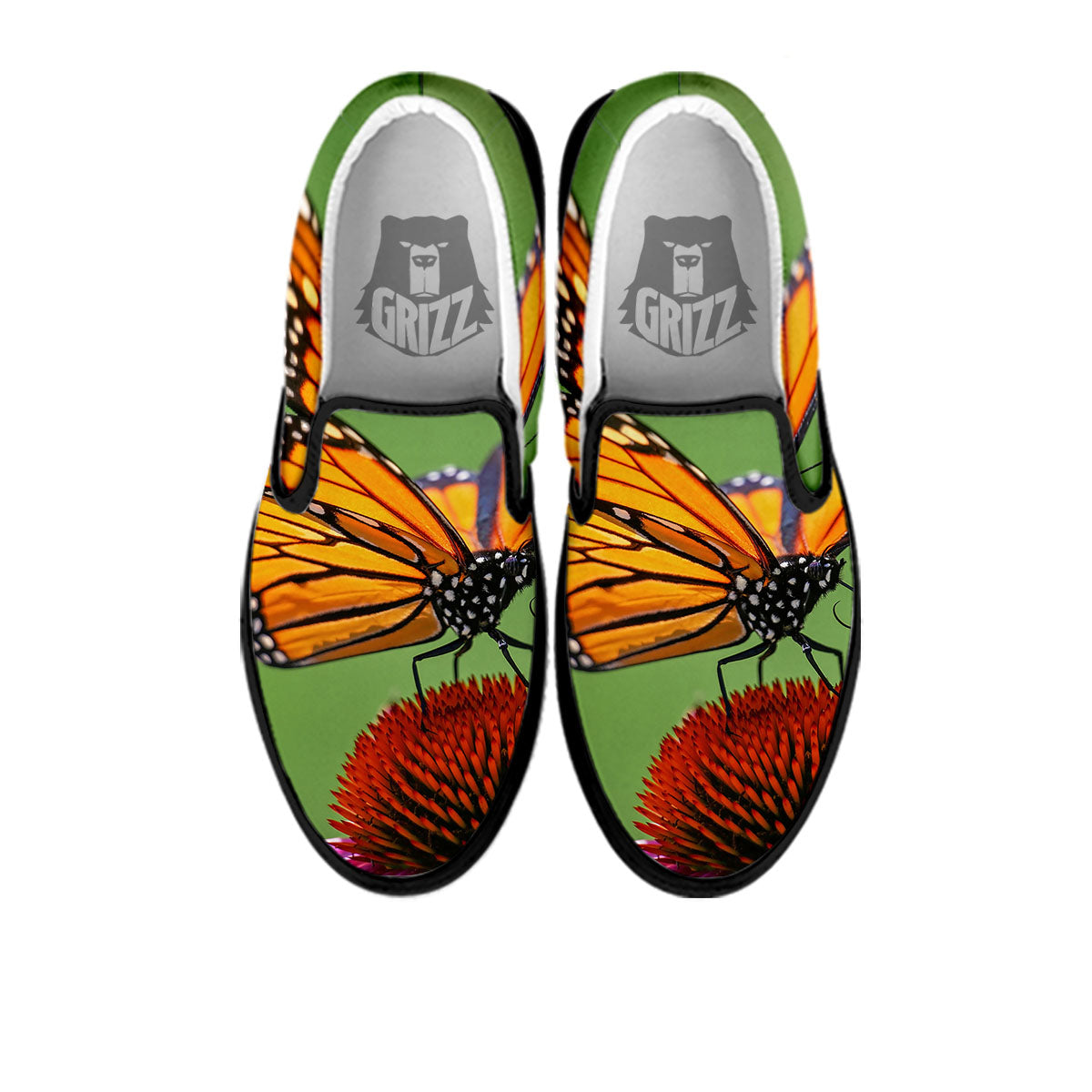 Butterfly Monarch Orange Print Black Slip On Shoes-grizzshop