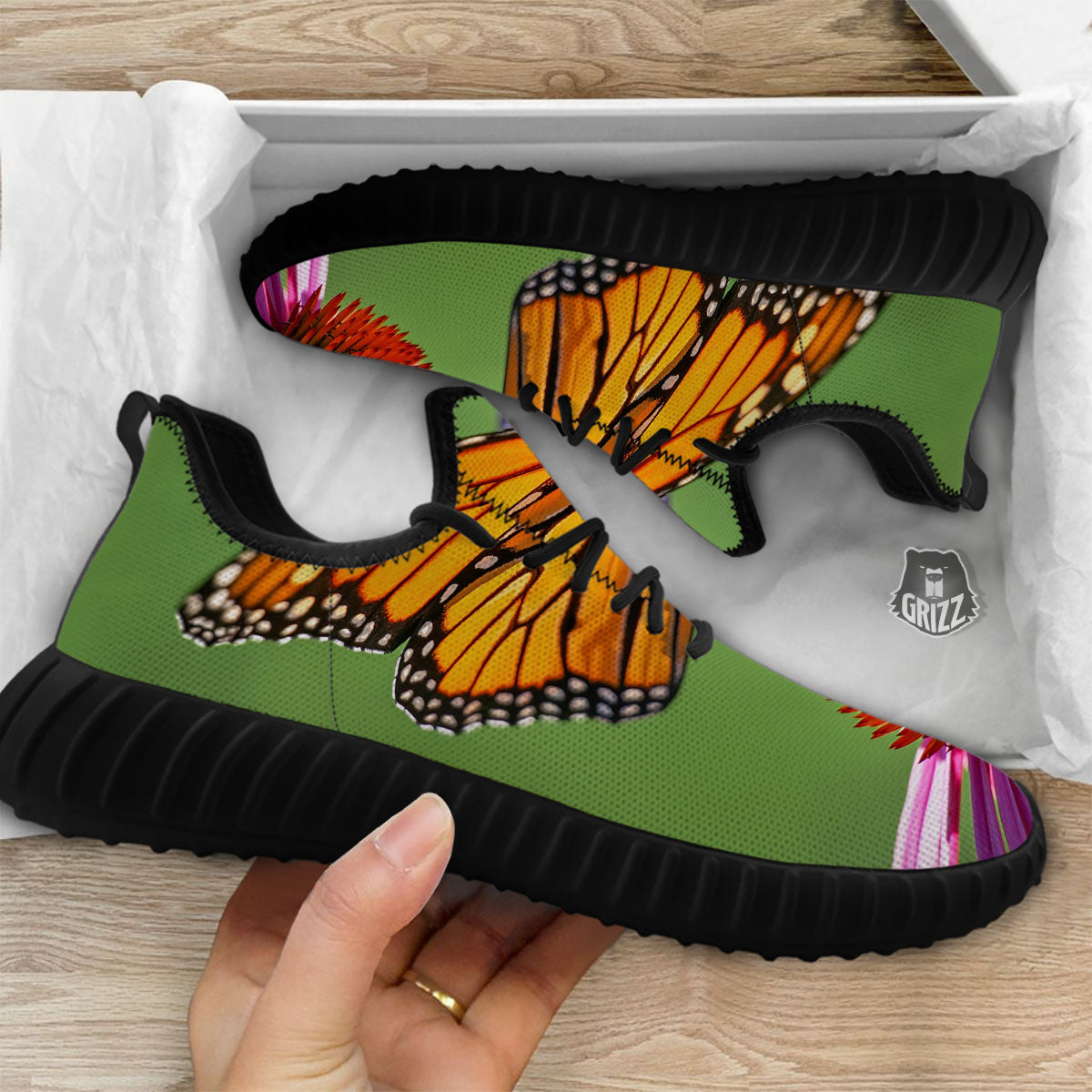 Butterfly Monarch Orange Print Black Walking Shoes-grizzshop