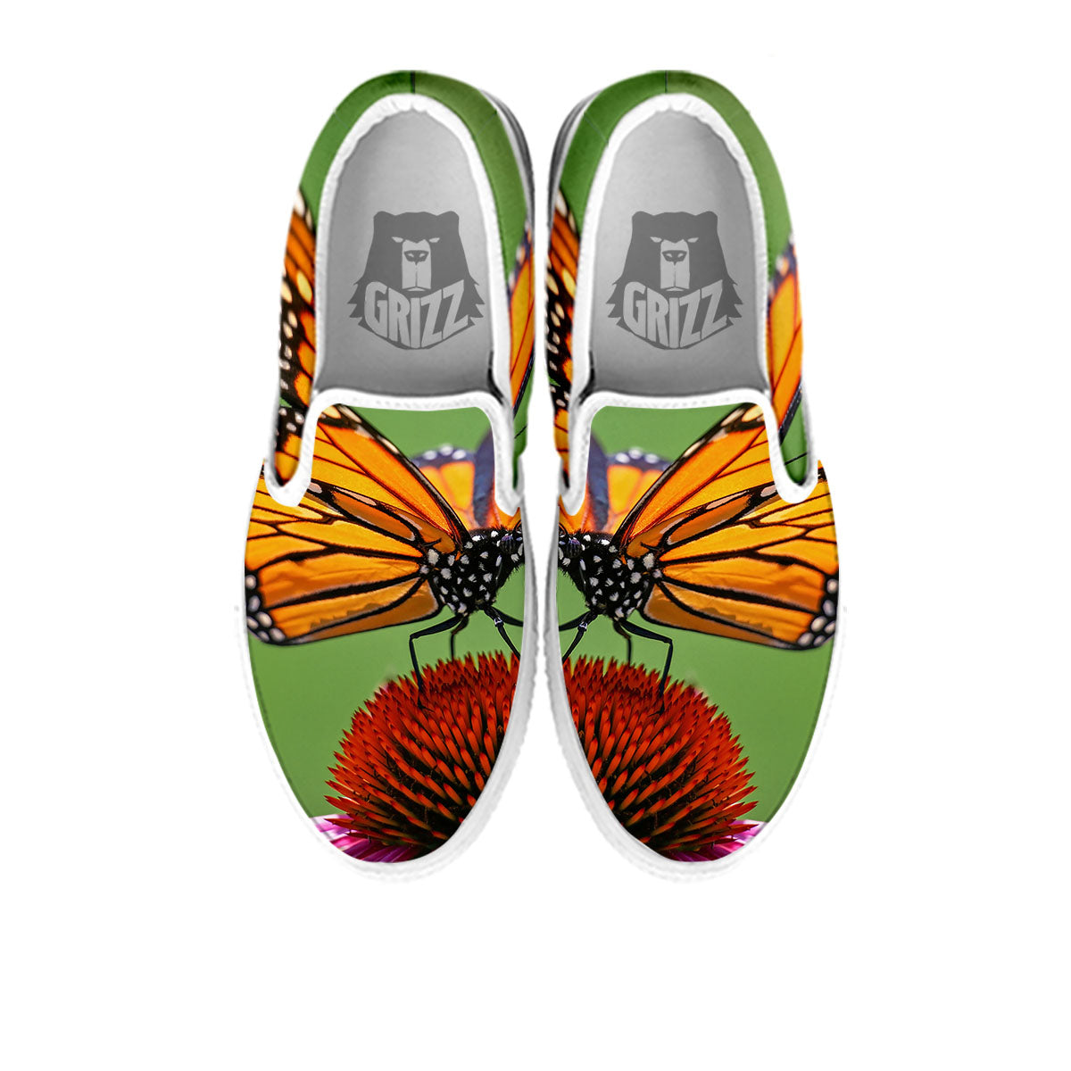 Butterfly Monarch Orange Print White Slip On Shoes-grizzshop