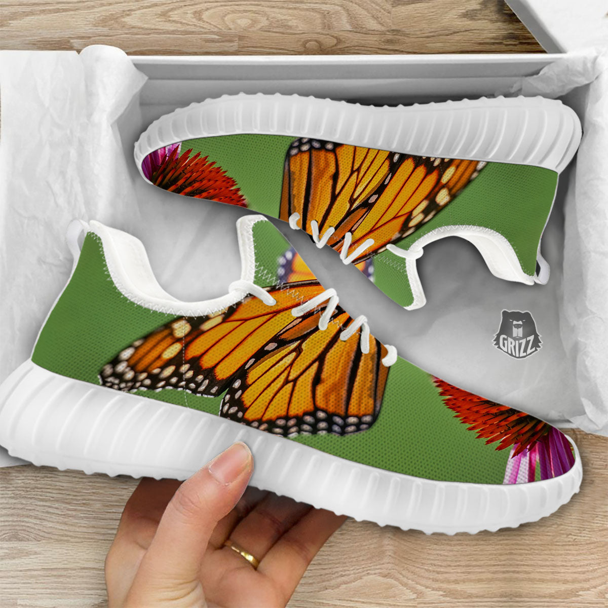 Butterfly Monarch Orange Print White Walking Shoes-grizzshop