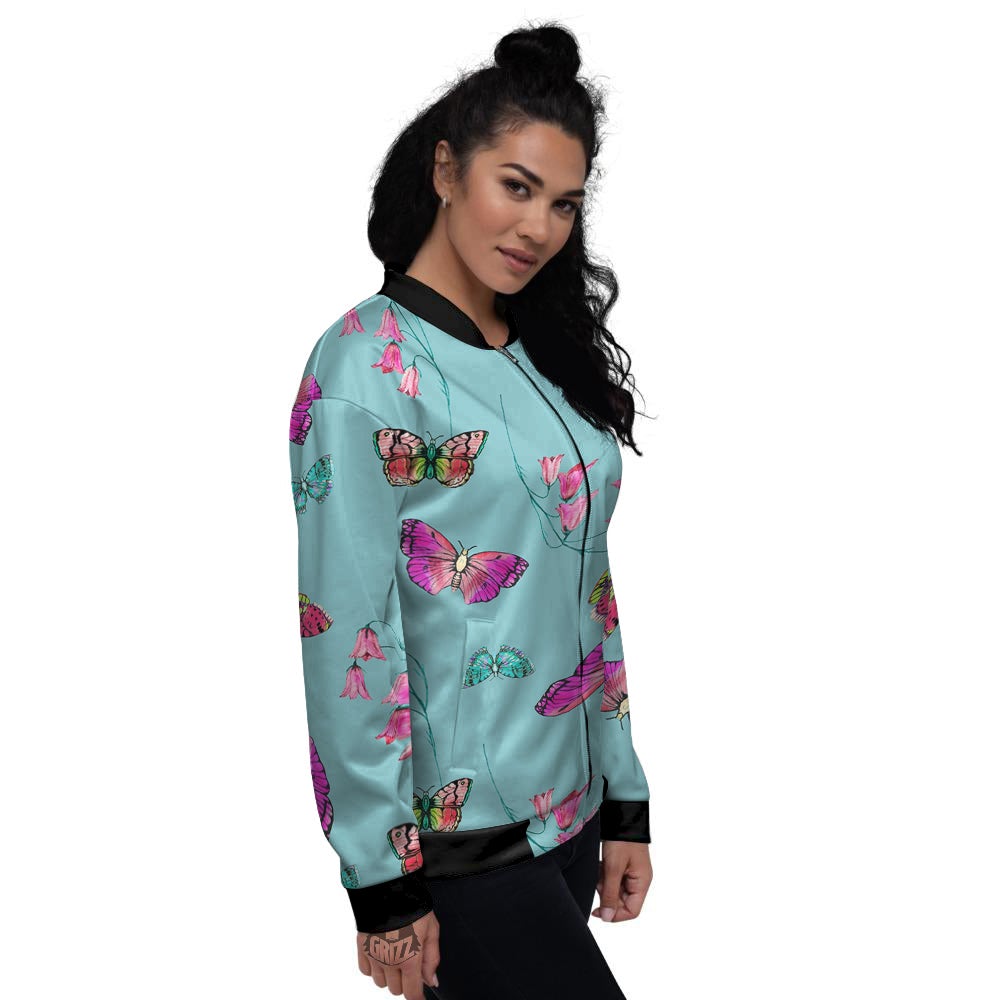 Butterfly Pink And Turquoise Print Pattern Women's Bomber Jacket-grizzshop