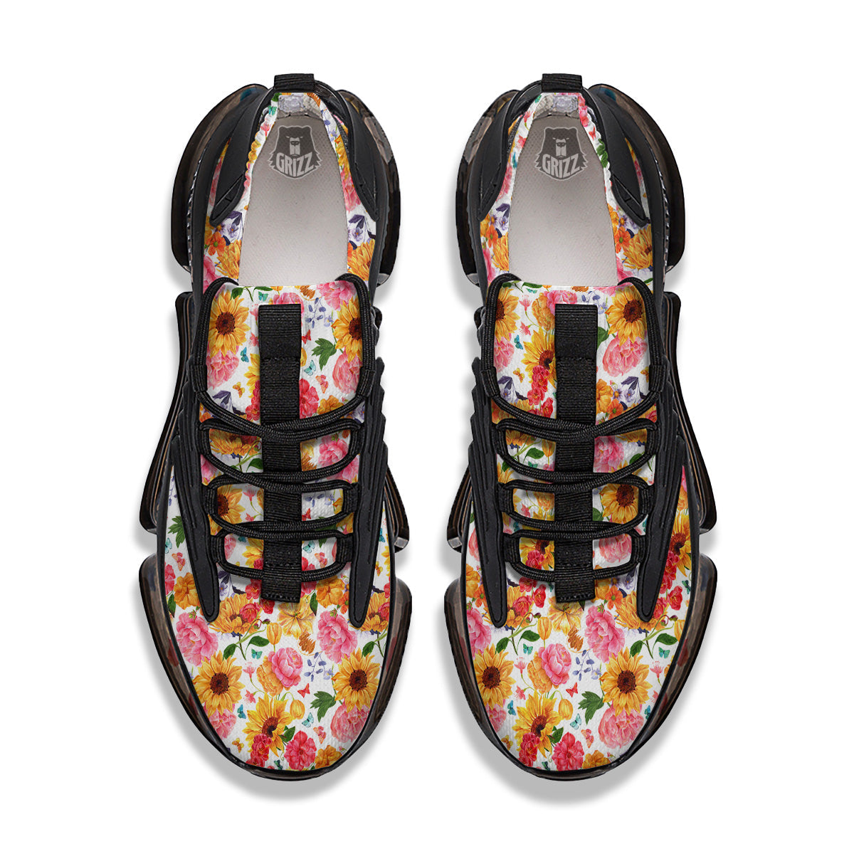 Butterfly Sunflowers Peonies Print Pattern Black Gym Shoes-grizzshop