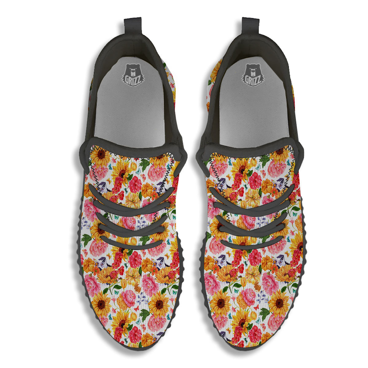 Butterfly Sunflowers Peonies Print Pattern Black Walking Shoes-grizzshop