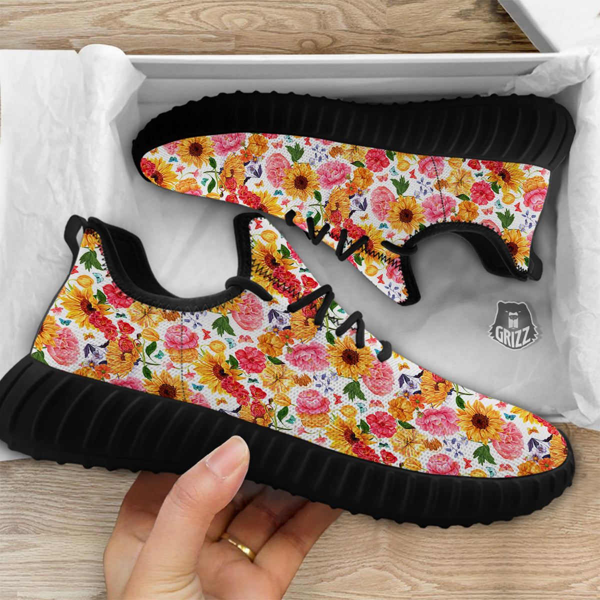 Butterfly Sunflowers Peonies Print Pattern Black Walking Shoes-grizzshop