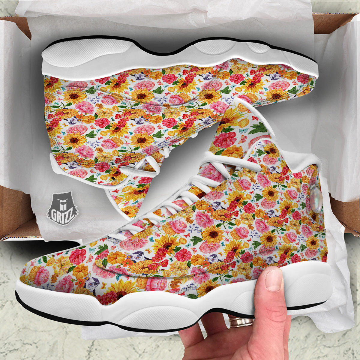 Butterfly Sunflowers Peonies Print Pattern White Basketball Shoes-grizzshop