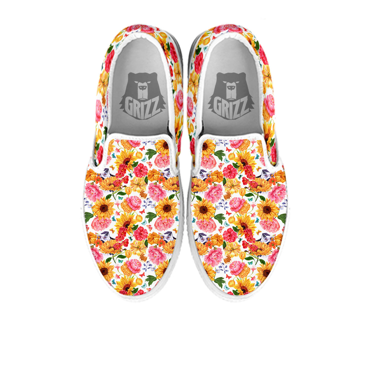 Butterfly Sunflowers Peonies Print Pattern White Slip On Shoes-grizzshop