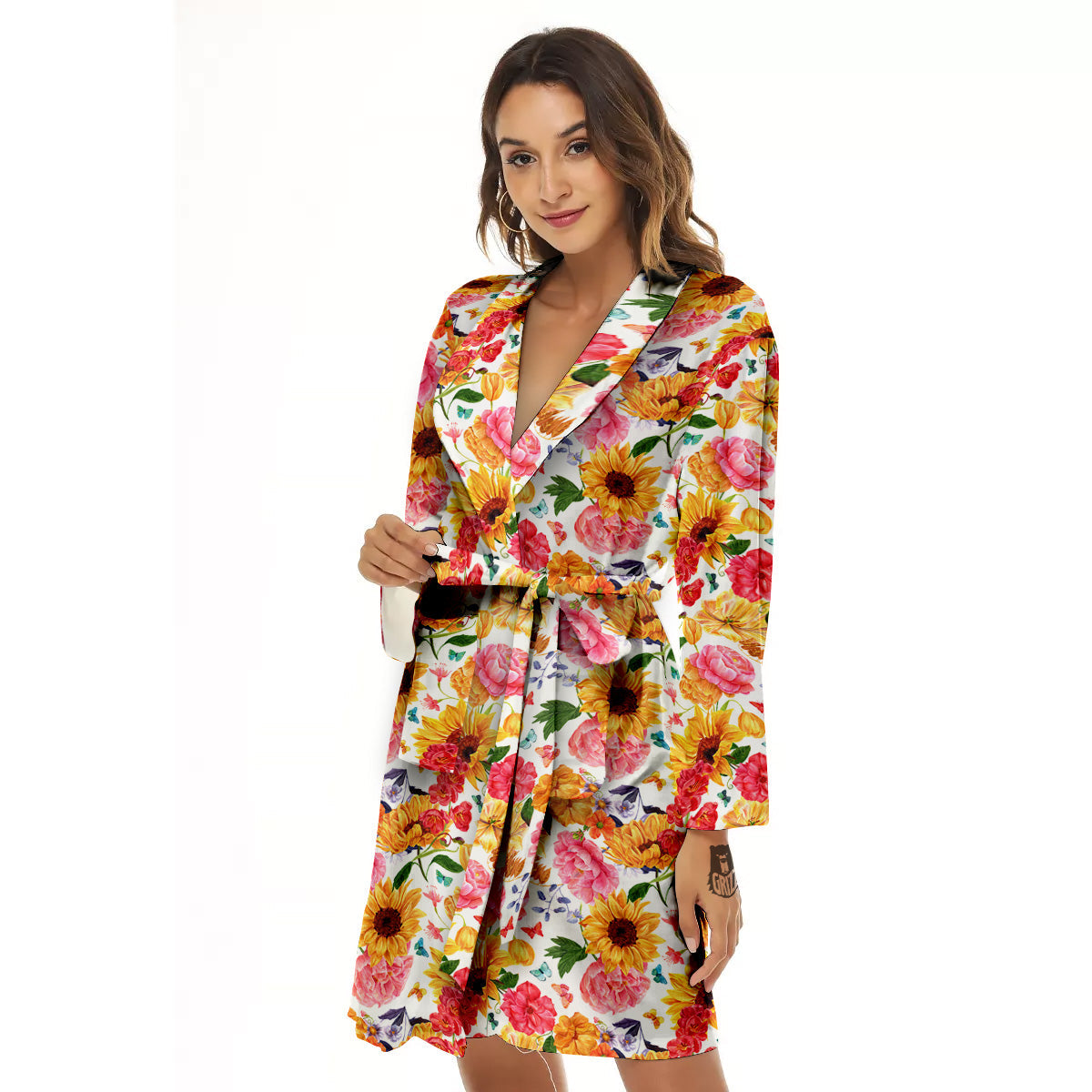 Butterfly Sunflowers Peonies Print Pattern Women's Robe-grizzshop