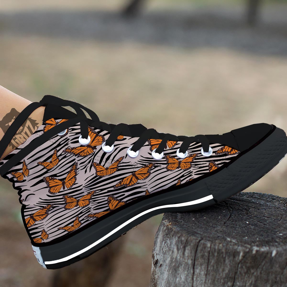 Butterfly Tiger Monarch Print Pattern Black High Top Shoes-grizzshop