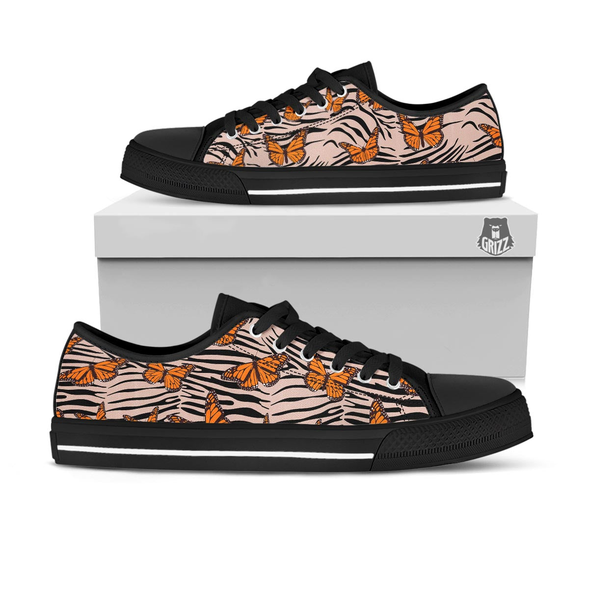 Butterfly Tiger Monarch Print Pattern Black Low Top Shoes-grizzshop