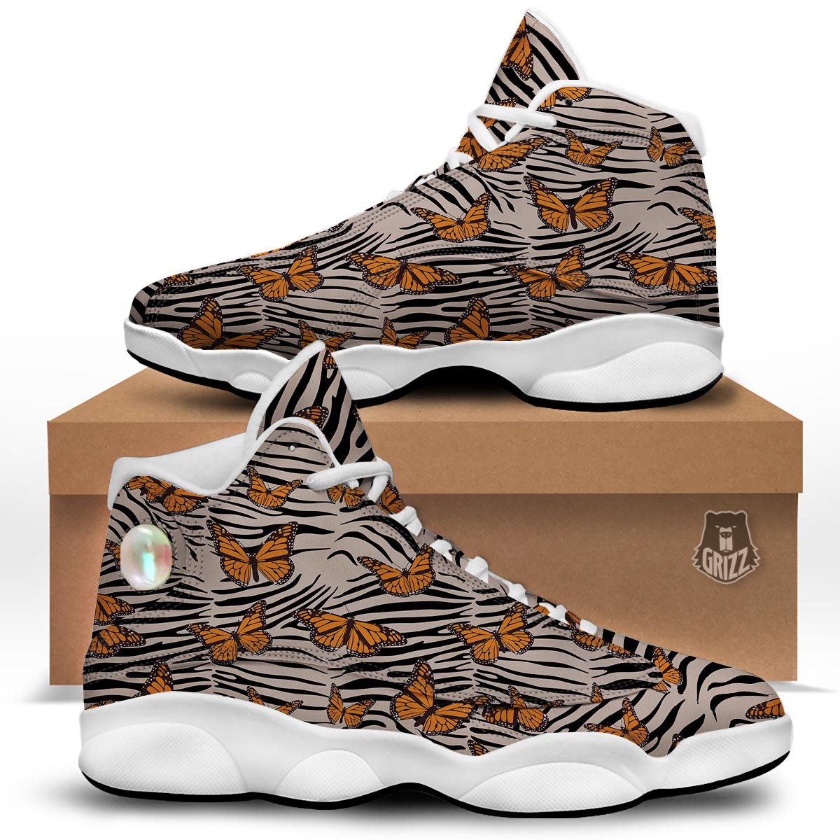 Butterfly Tiger Monarch Print Pattern White Basketball Shoes-grizzshop
