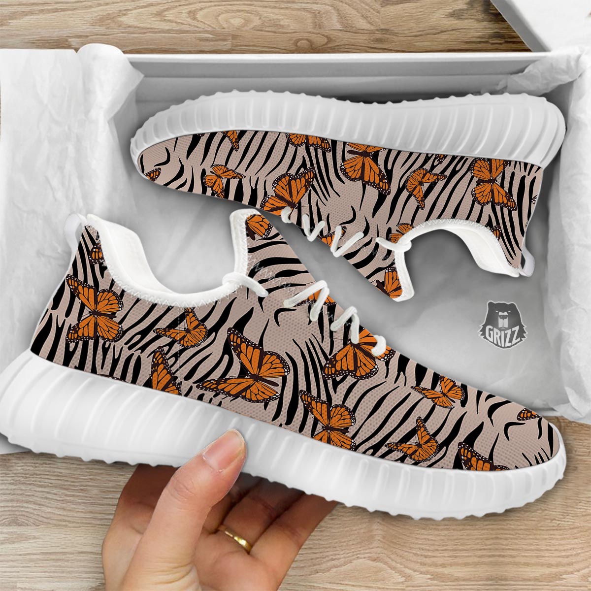 Butterfly Tiger Monarch Print Pattern White Walking Shoes-grizzshop