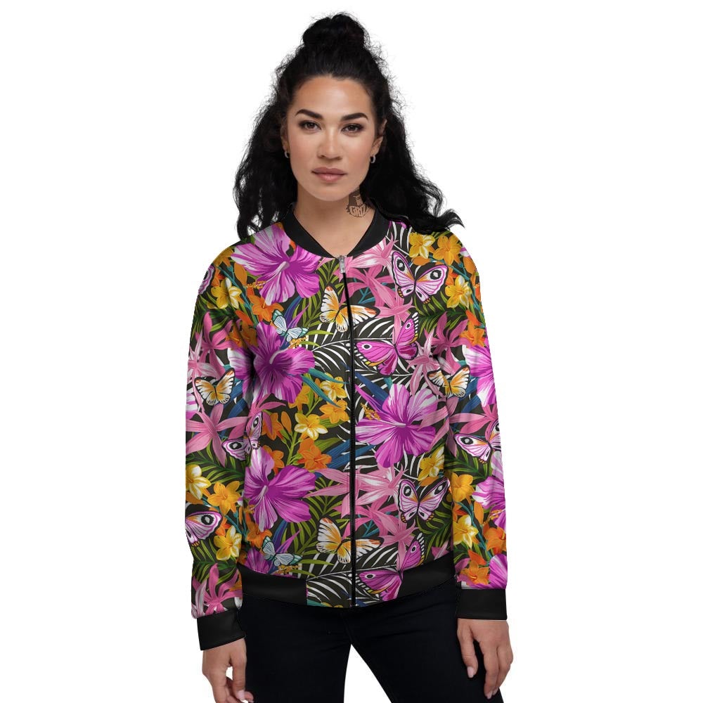 Butterfly Tropical Print Pattern Women's Bomber Jacket-grizzshop