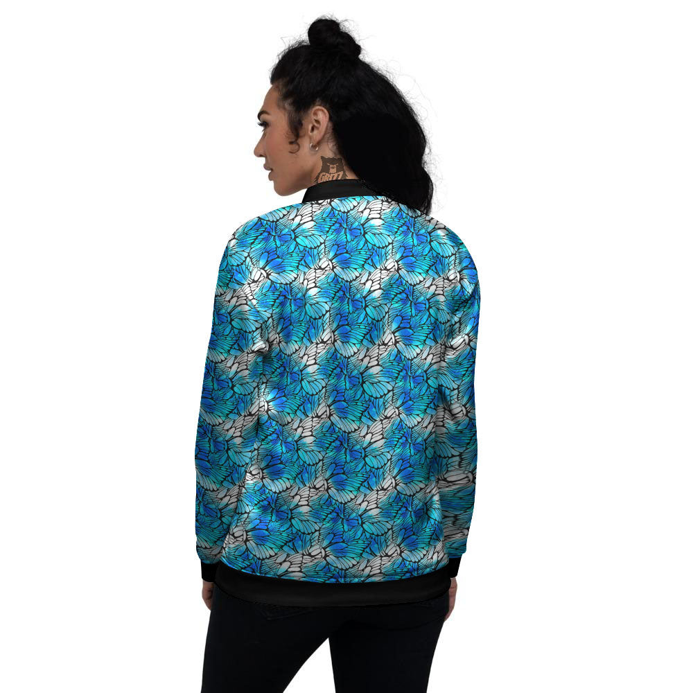 Butterfly Watercolor Blue Print Pattern Women's Bomber Jacket-grizzshop