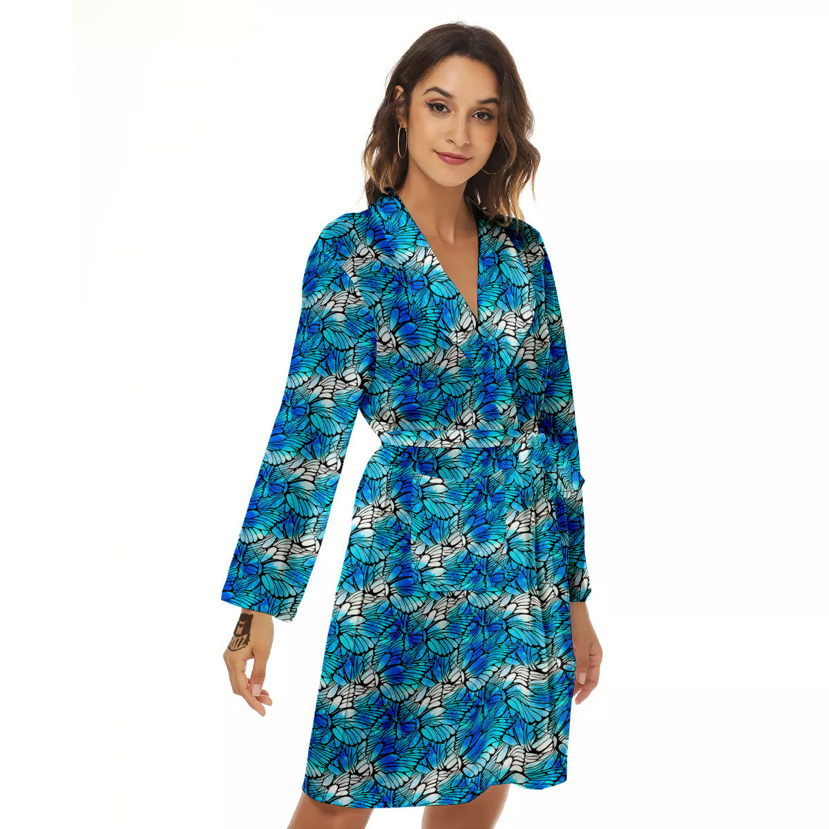 Butterfly Watercolor Blue Print Pattern Women's Robe-grizzshop