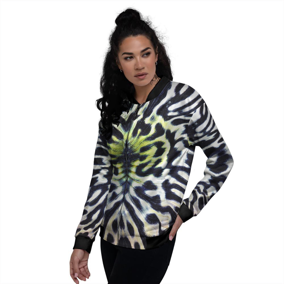 Butterfly Wing Skin Black White And Green Print Women's Bomber Jacket-grizzshop