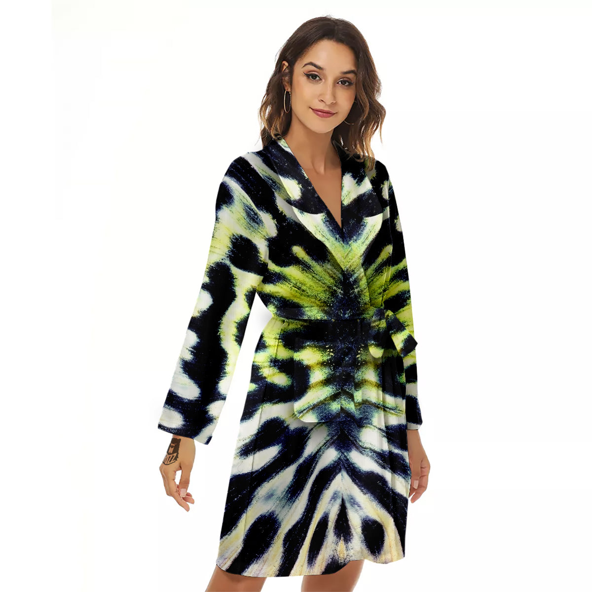 Butterfly Wing Skin Black White And Green Print Women's Robe-grizzshop