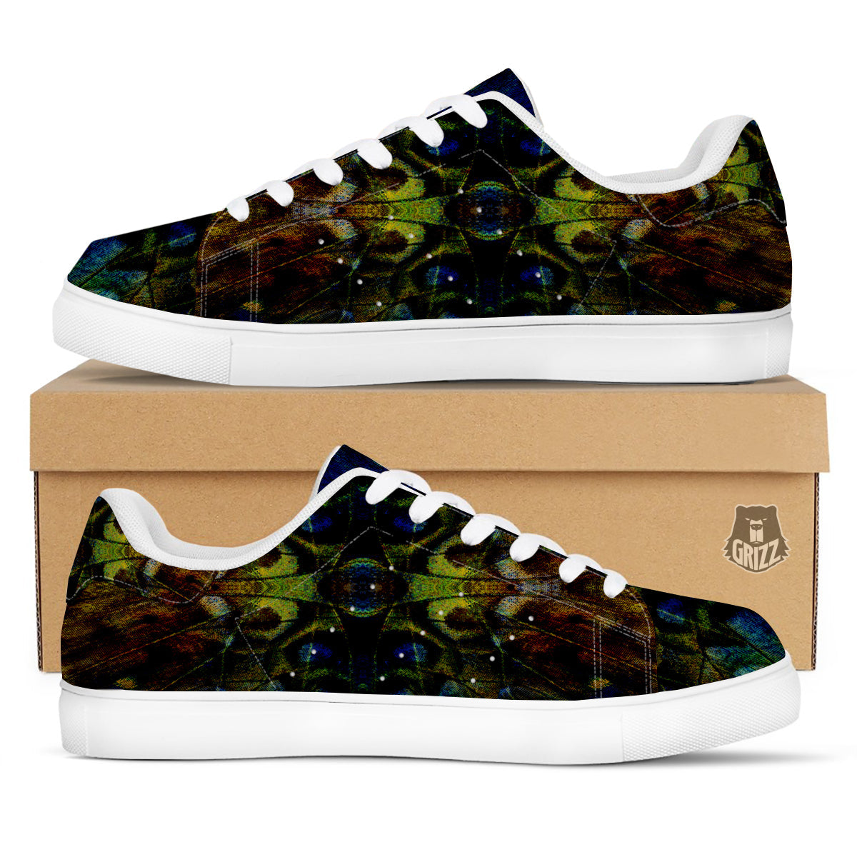 Butterfly Wing Skin Dark Print White Low Top Sneakers-grizzshop