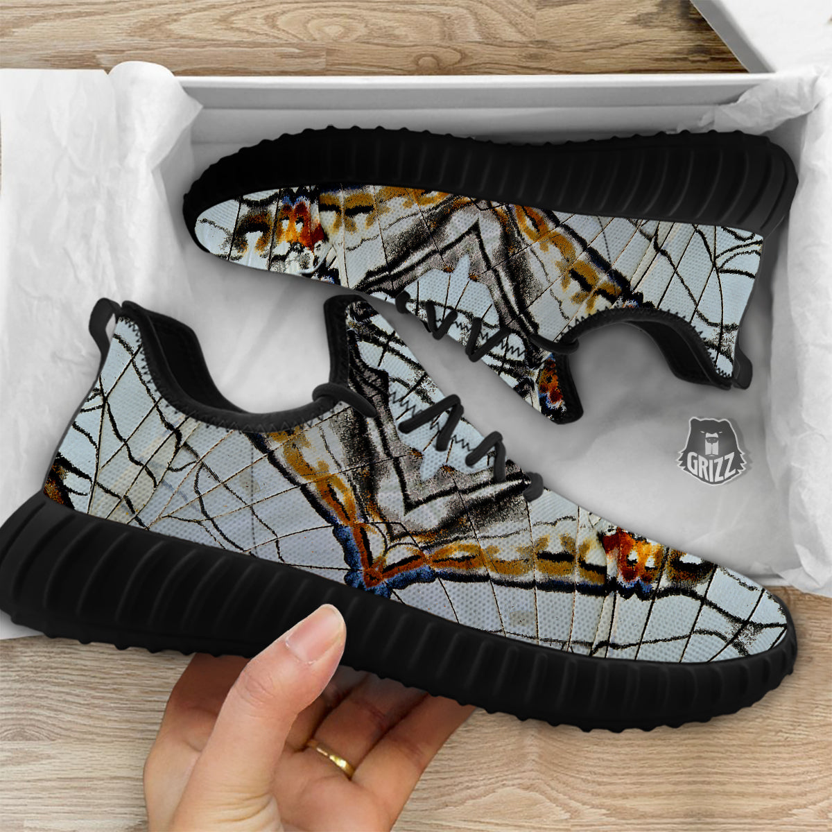 Butterfly Wing Skin Grey Print Black Walking Shoes-grizzshop