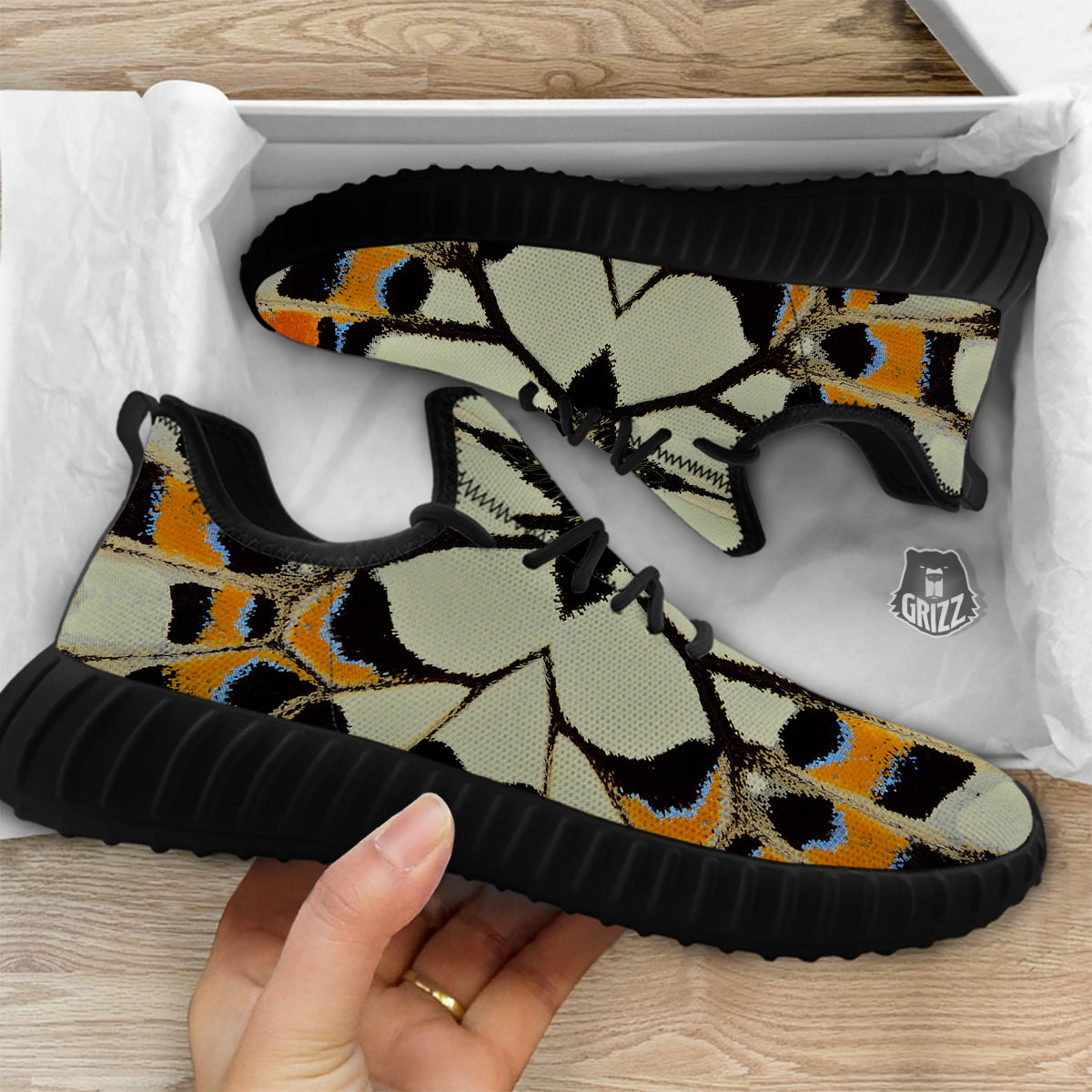 Butterfly Wing Skin White Orange Print Black Walking Shoes-grizzshop