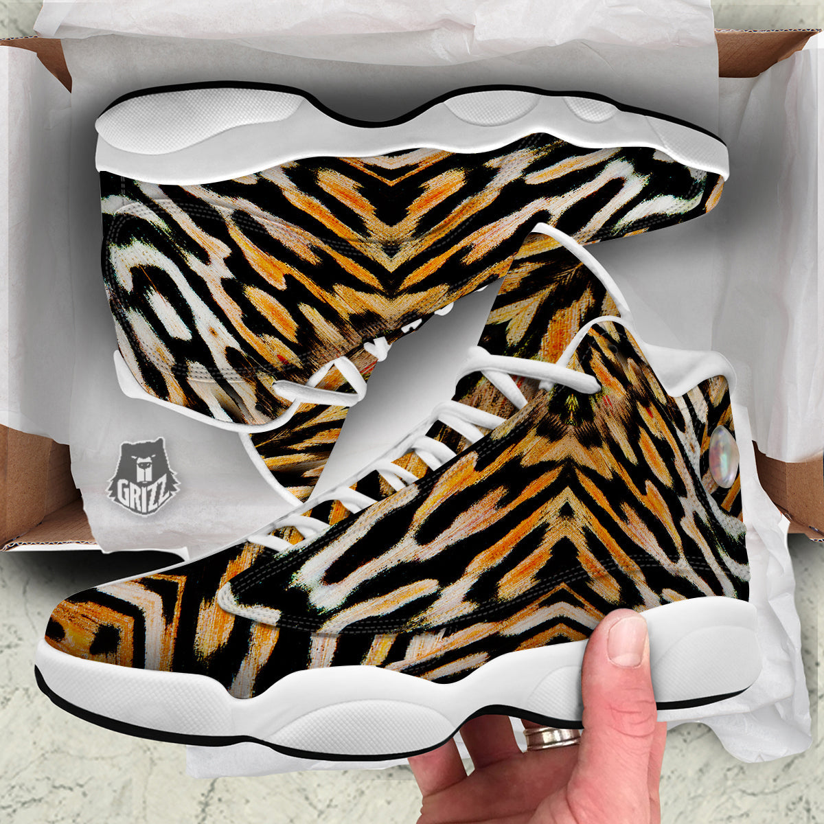 Butterfly Wing Skin White Orange Tiger Print White Basketball Shoes-grizzshop