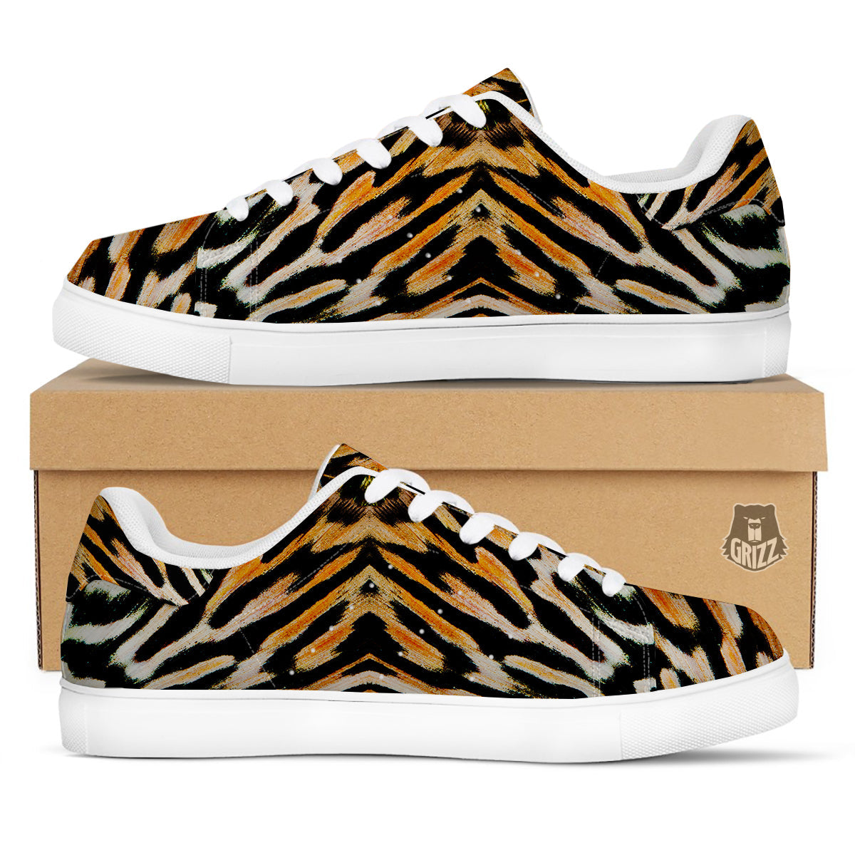 Butterfly Wing Skin White Orange Tiger Print White Low Top Sneakers-grizzshop