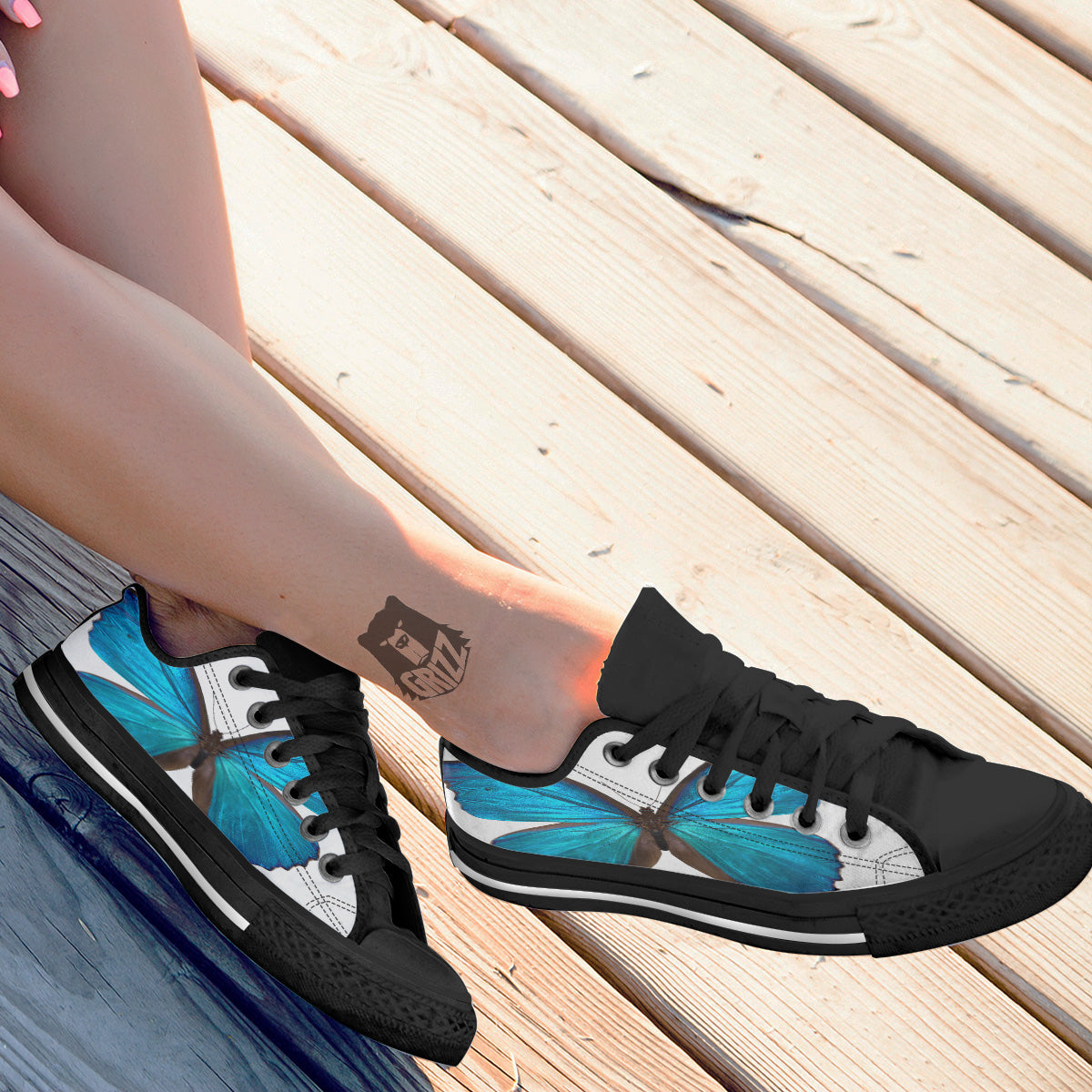 Butterfly Wings Blue Monarch Print Black Low Top Shoes-grizzshop