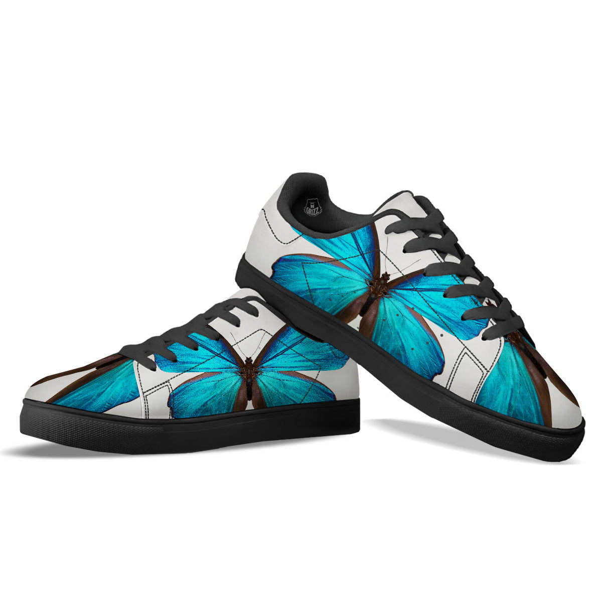 Butterfly Wings Blue Monarch Print Black Low Top Sneakers-grizzshop