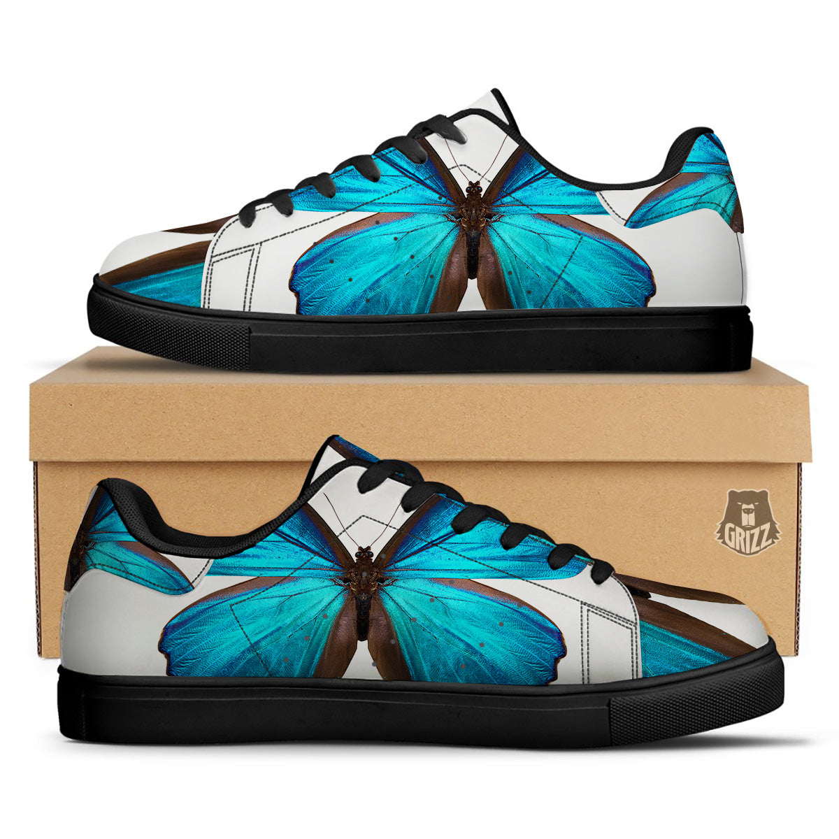 Butterfly Wings Blue Monarch Print Black Low Top Sneakers-grizzshop