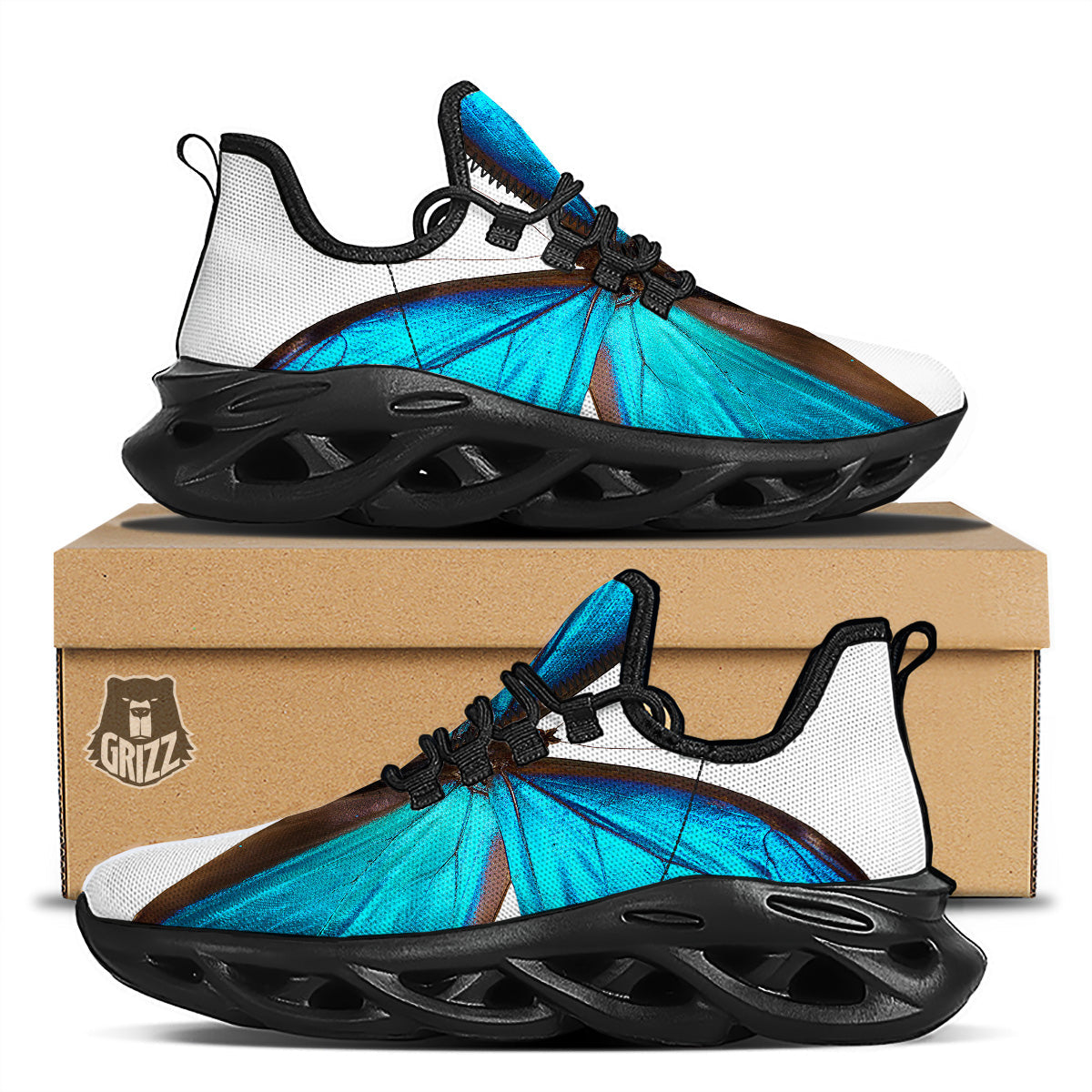 Butterfly Wings Blue Monarch Print Black Running Shoes-grizzshop